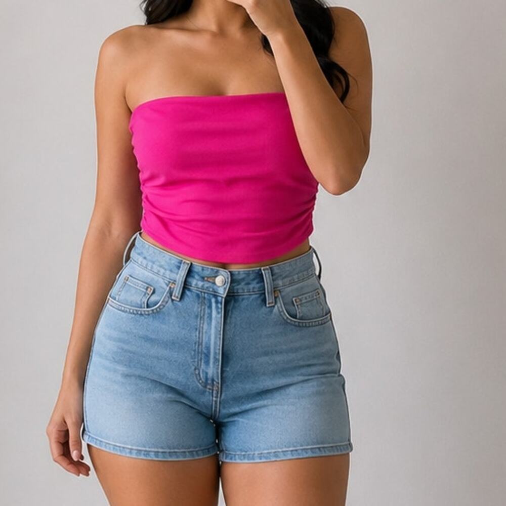 Ambiance 🌿Hot Pink Strapless Tube Top Women’s Medium Y2K Ruched Stretch